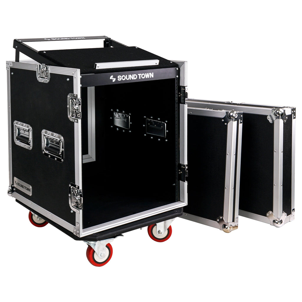 Sound Town STMR-12UW-R 12U (12 Space) PA/DJ Pro Audio Rack/Road ATA Server Case with Slant Mixer Top and Casters, Refurbished - Front and top removable doors
