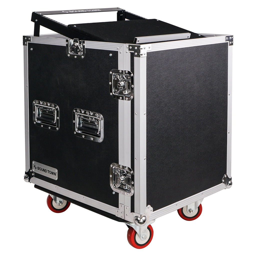 Sound Town STMR-12UW-R 12U (12 Space) PA/DJ Pro Audio Rack/Road ATA Server Case with Slant Mixer Top and Casters, Refurbished - Plywood
