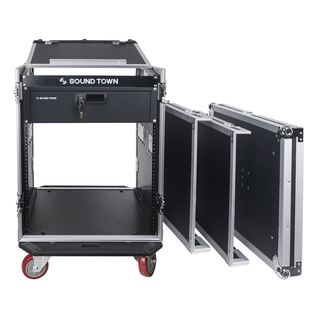 Sound Town STMR-14D3 14U (14 Space) PA DJ Pro Audio Rack/Road ATA Case with 11U Slant Mixer Top, Locking Drawer, 20" Rackable Depth and Casters - Removable Front, Top, Back Covers
