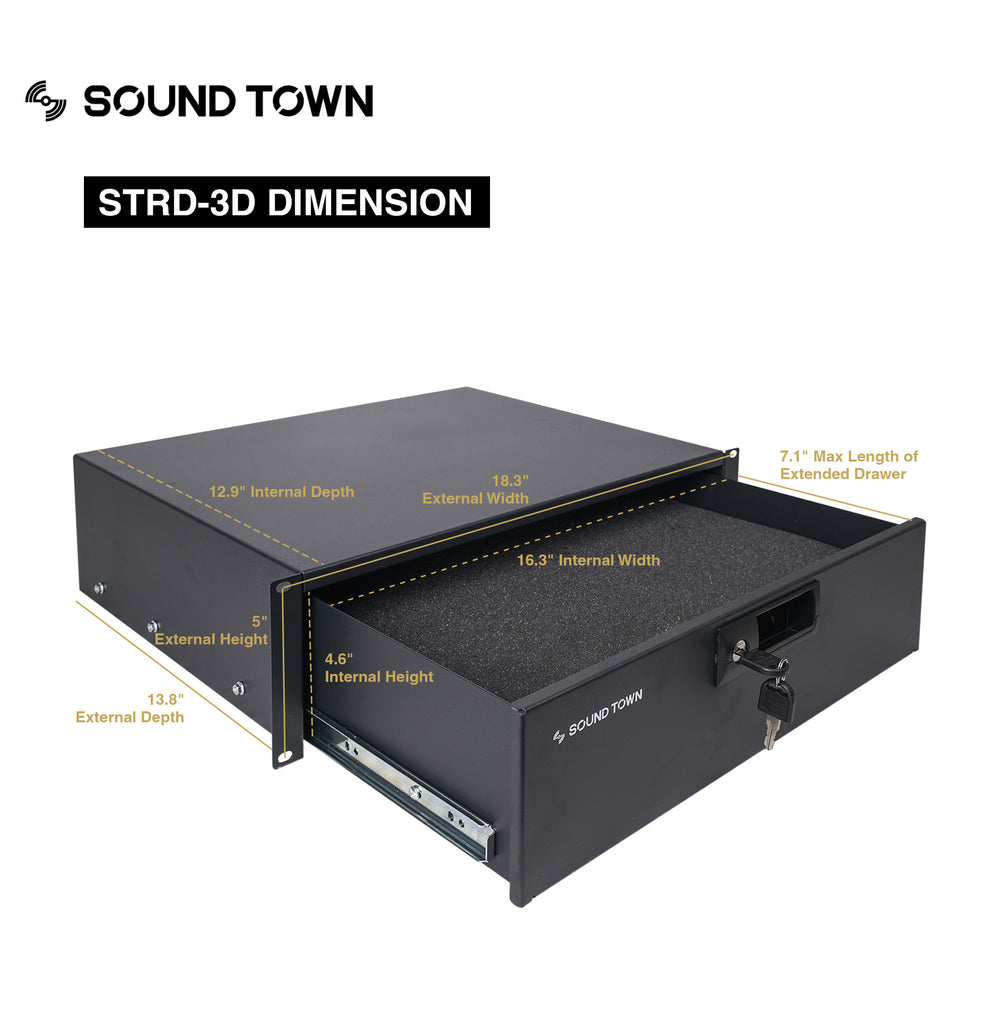  Sound Town STMR-14D3 STRD-3D 19" 3U Locking Rack Mount Sliding Drawer, w/ Customizable Pick & Pluck Protection Foam - Size and Dimensions