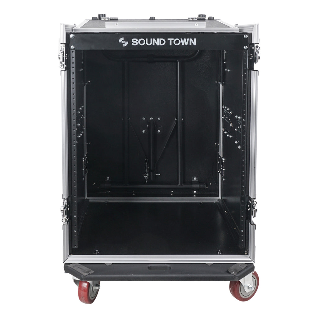 Sound Town STMR-14T2PS10 14U (14 Space) PA/DJ Road/Rack ATA Case with 11U Slant Mixer Top, Casters and 2 Standing Lid Tables without Cover Lid