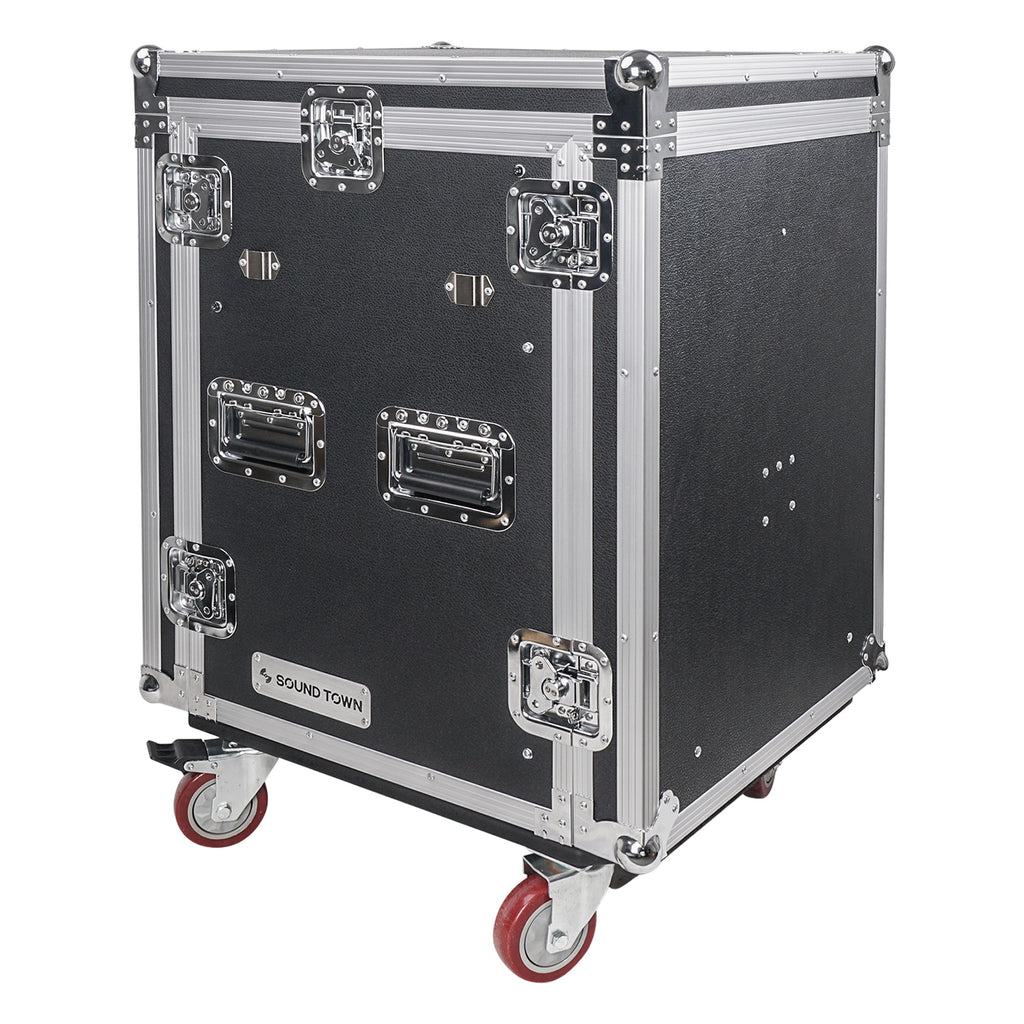 Sound Town STMR-14TD3 14U Space PA DJ Pro Audio Rack/Road ATA Case w/ 11U Slant Mixer Top, Locking Drawer, Side Table, 20’’ Rackable Depth, Casters - Transportable, Easy to Transport