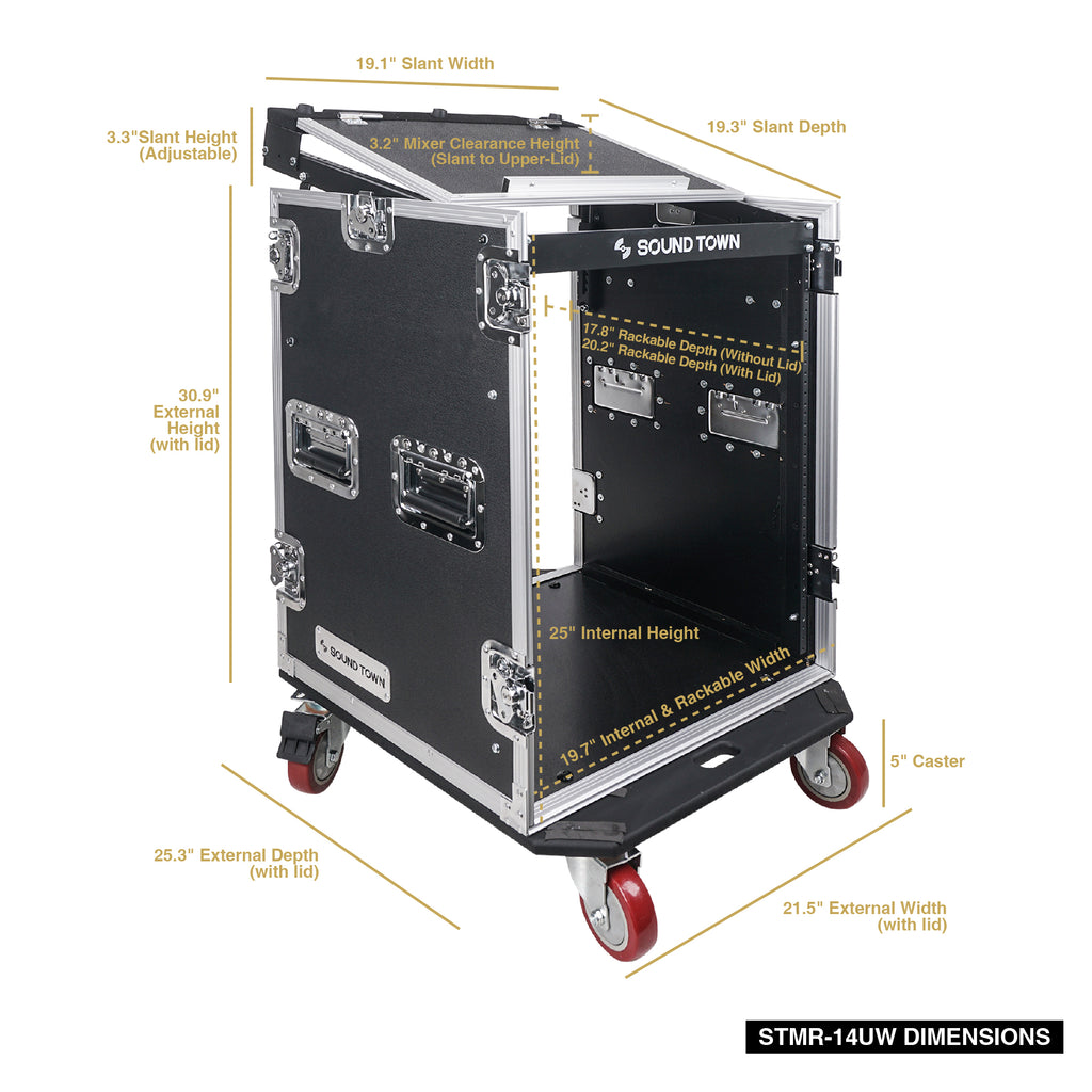 Sound Town STMR-14UW-R 14U (14-Space) PA DJ Rack/Road ATA Case with 11U Slant Mixer Top, 20.2" Rackable Depth and Casters, Refurbished - Size and Dimensions