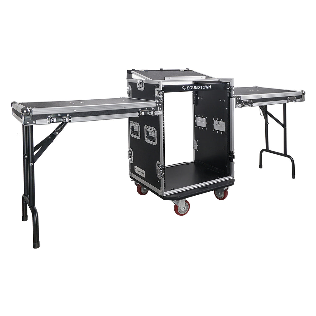 Sound Town STMR-14UWT2 14U (14 Space) PA/DJ Rack/Road/Flight ATA Server Case with Slant Mixer Top, Casters and 2 Standing Lid DJ Work Tables - Workstation