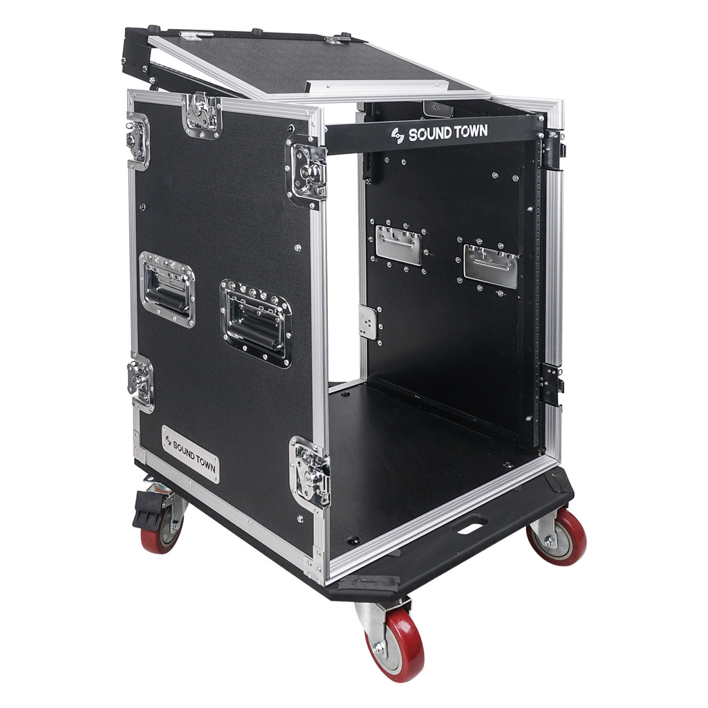 Sound Town STMR-14UW 14U (14-Space) PA DJ Rack/Road ATA Case with 11U Slant Mixer Top, 20’’ Rackable Depth and Casters -  Laptop Platform