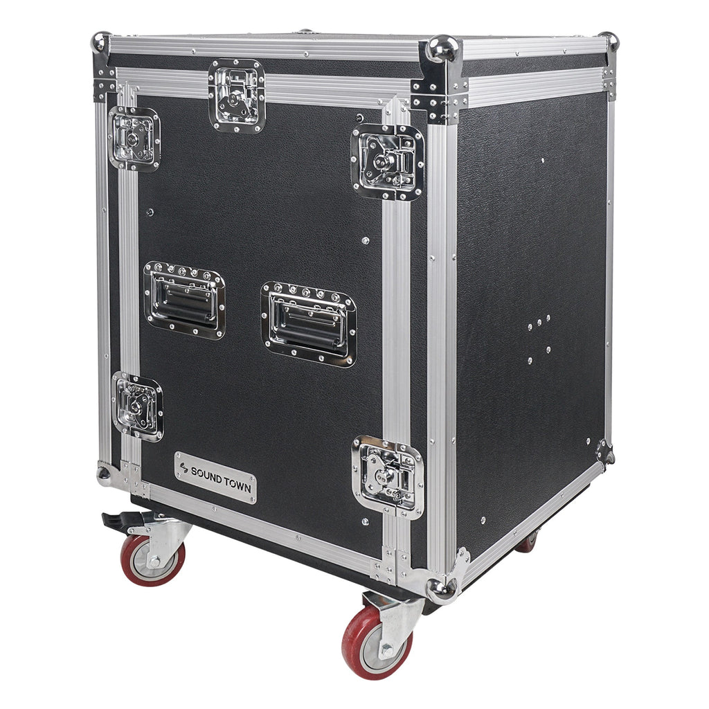 Sound Town STMR-14UW-R 14U (14-Space) PA DJ Rack/Road ATA Case with 11U Slant Mixer Top, 20’’ Rackable Depth and Casters, Refurbished - Portable, Transportable