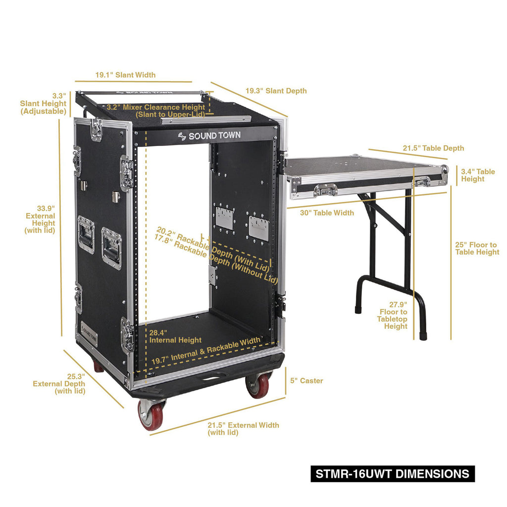 Sound Town STMR-16TPS10 16U (16 Space) PA/DJ Rack/Road ATA Case with 11U Slant Mixer Top, 20.2" Rackable Depth, DJ Work Table and Casters - Size and Dimensions