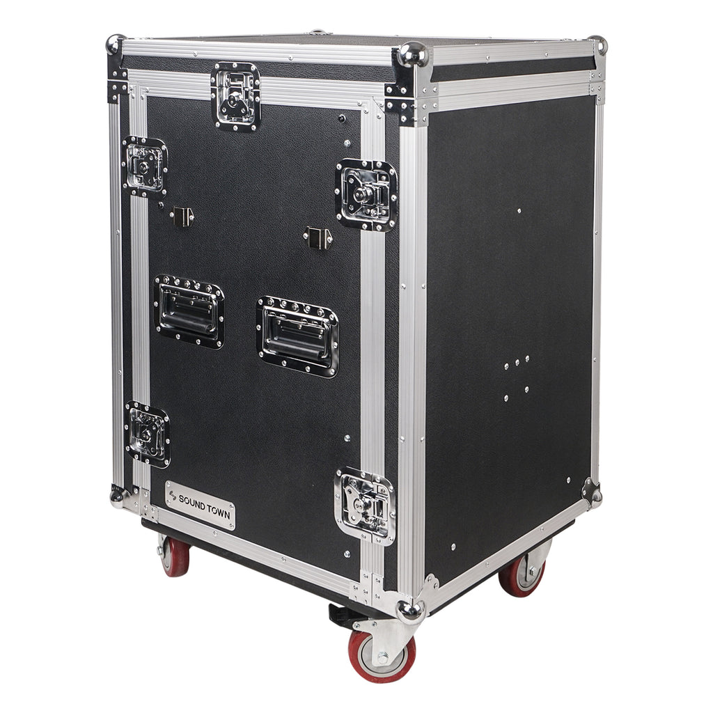Sound Town STMR-16TPS10 16U (16 Space) PA/DJ Rack/Road ATA Case with 11U Slant Mixer Top, 20’’ Rackable Depth, DJ Work Table and Casters - Lid