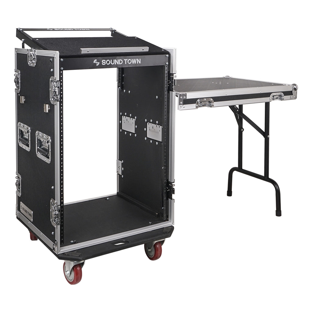 Sound Town STMR-16TPS10 16U (16 Space) PA/DJ Rack/Road ATA Case with 11U Slant Mixer Top, 20’’ Rackable Depth, DJ Work Table and Casters - Side Table