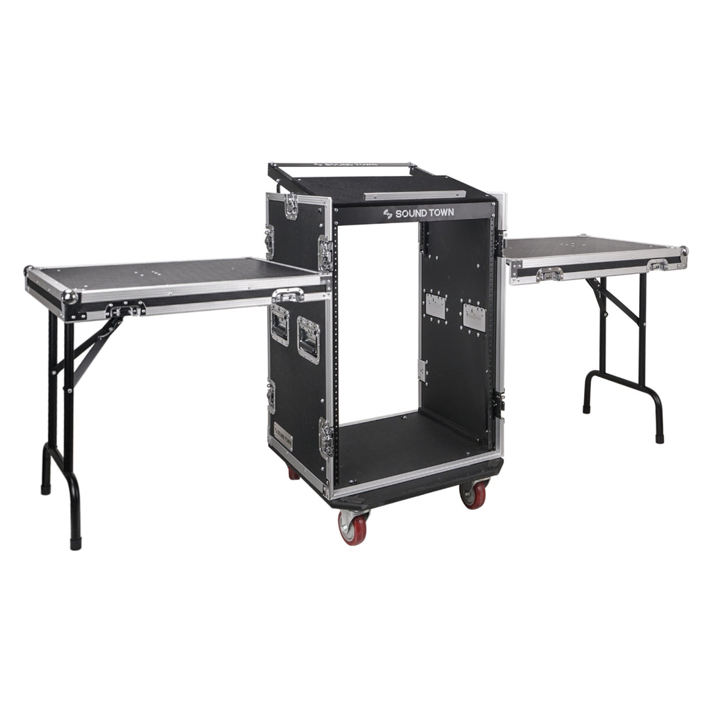 Sound Town STMR-16UWT2 16U Rack Case with 11U Top Space, Two DJ Work Tables - 2 Standing Lid Tables