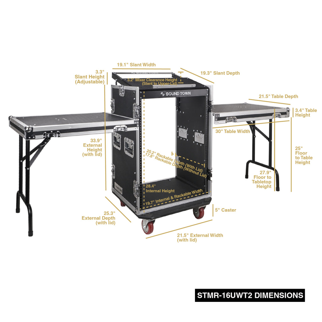 Sound Town STMR-16UWT2 16U Rack Case with 11U Top Space, Two DJ Work Tables - inside and out side Size & Dimensions