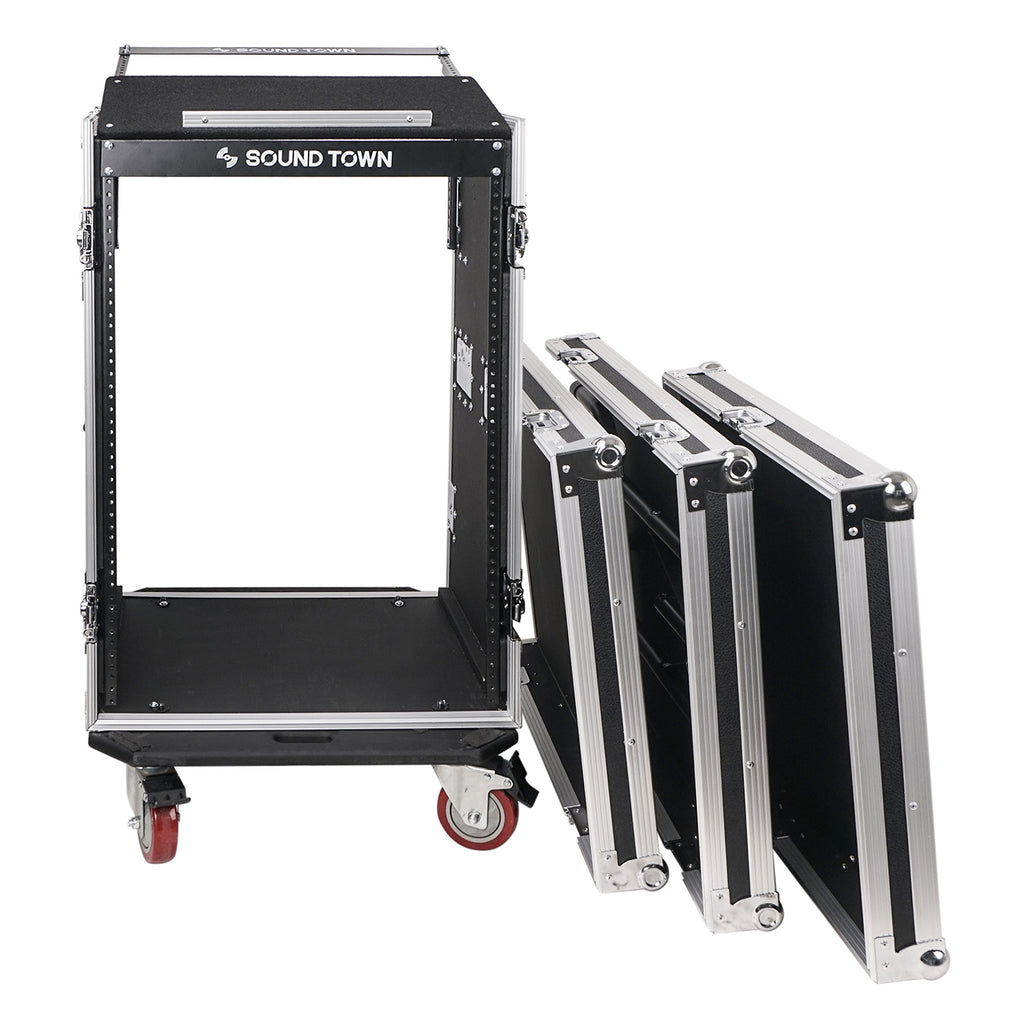 Sound Town STMR-16UWT 16U (16 Space) PA/DJ Rack/Road ATA Case with 11U Slant Mixer Top, 20’’ Rackable Depth, DJ Work Table and Casters - Removable Top, Back, Front Covers