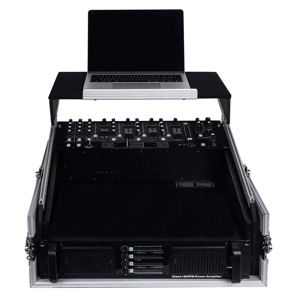 Sound Town STMR-2ULT-R 2U (2 Space) PA/DJ Glide Style Road/Rack ATA Case with 11U Slant Mixer Top, 20.7" Rackable Depth and Laptop Platform, Refurbished - with Laptop, Mixer, Amplifier, Front Panel