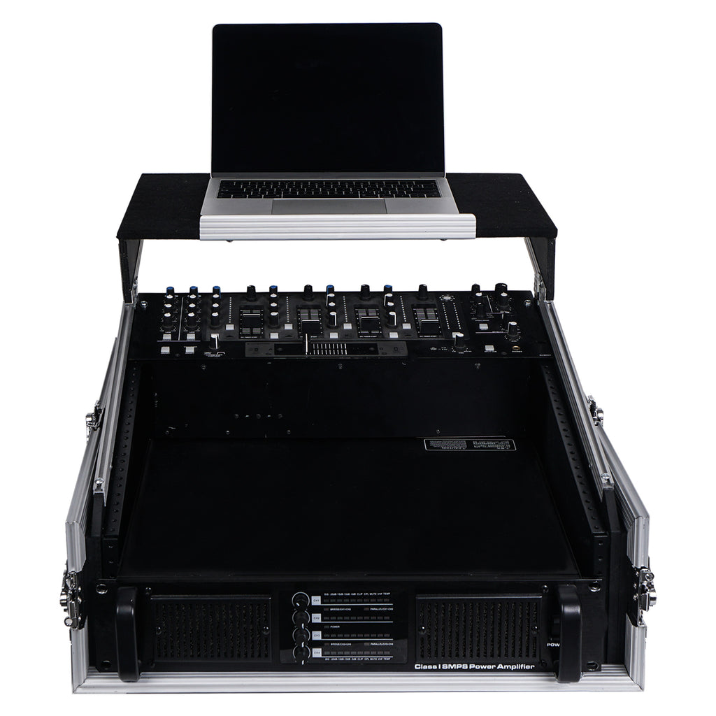 Sound Town STMR-2ULT 2U (2 Space) PA/DJ Glide Style Road/Rack ATA Case with 11U Slant Mixer Top, 20.7" Rackable Depth and Laptop Platform - with Laptop, Mixer, Amplifier, Front Panel