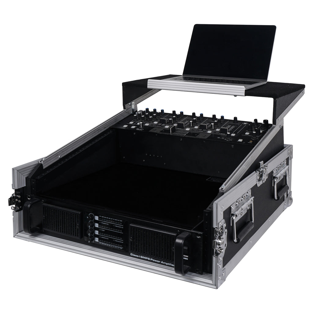 Sound Town STMR-2ULT 2U (2 Space) PA/DJ Glide Style Road/Rack ATA Case with 11U Slant Mixer Top, 20.7" Rackable Depth and Laptop Platform - with Laptop, Mixer, Amplifier, Left Panel