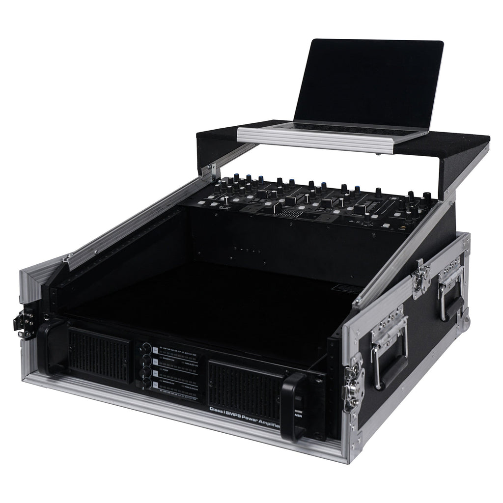 Sound Town STMR-2ULT-R 2U (2 Space) PA/DJ Glide Style Road/Rack ATA Case with 11U Slant Mixer Top, 20.7" Rackable Depth and Laptop Platform, Refurbished - with Laptop, Mixer, Amplifier, Left Panel