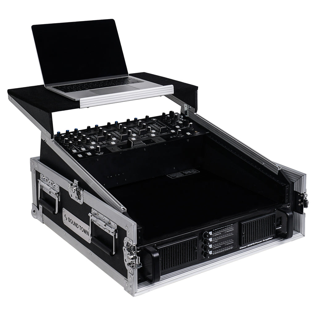 Sound Town STMR-2ULT 2U (2 Space) PA/DJ Glide Style Road/Rack ATA Case with 11U Slant Mixer Top, 20.7" Rackable Depth and Laptop Platform - with Laptop, Mixer, Amplifier, Right Panel