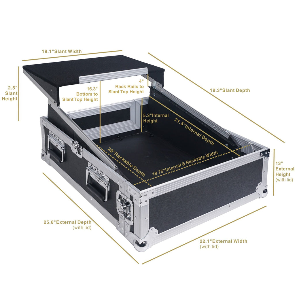 Sound Town STMR-2ULT-R 2U (2 Space) PA/DJ Glide Style Road/Rack ATA Case with 11U Slant Mixer Top, 20.7" Rackable Depth and Laptop Platform, Refurbished - Dimensions