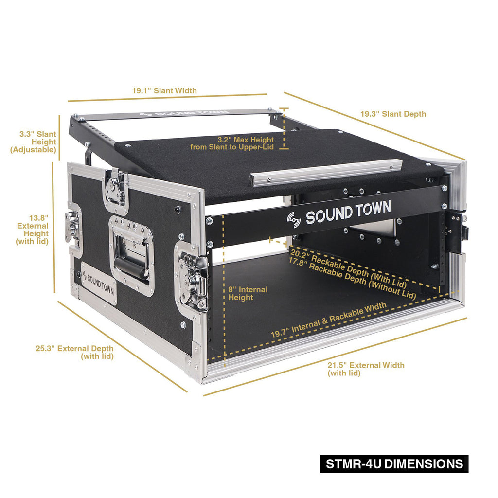 Sound Town STMR-4U 4U (4 Space) PA/DJ Road/Rack ATA Case with 13U Slant Mixer Top - Size & Dimensions