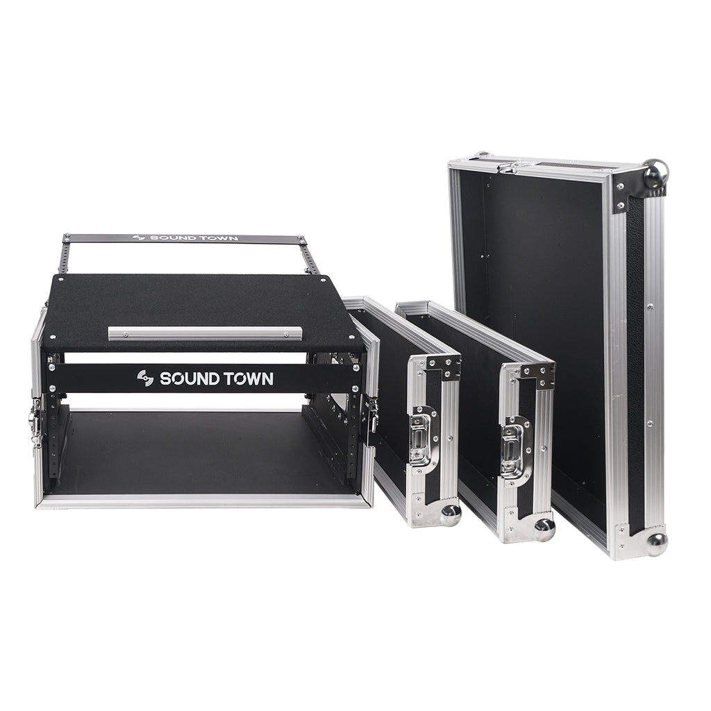 Sound Town STMR-4U 4U (4 Space) PA/DJ Road/Rack ATA Case with 13U Slant Mixer Top - Removable two door covers