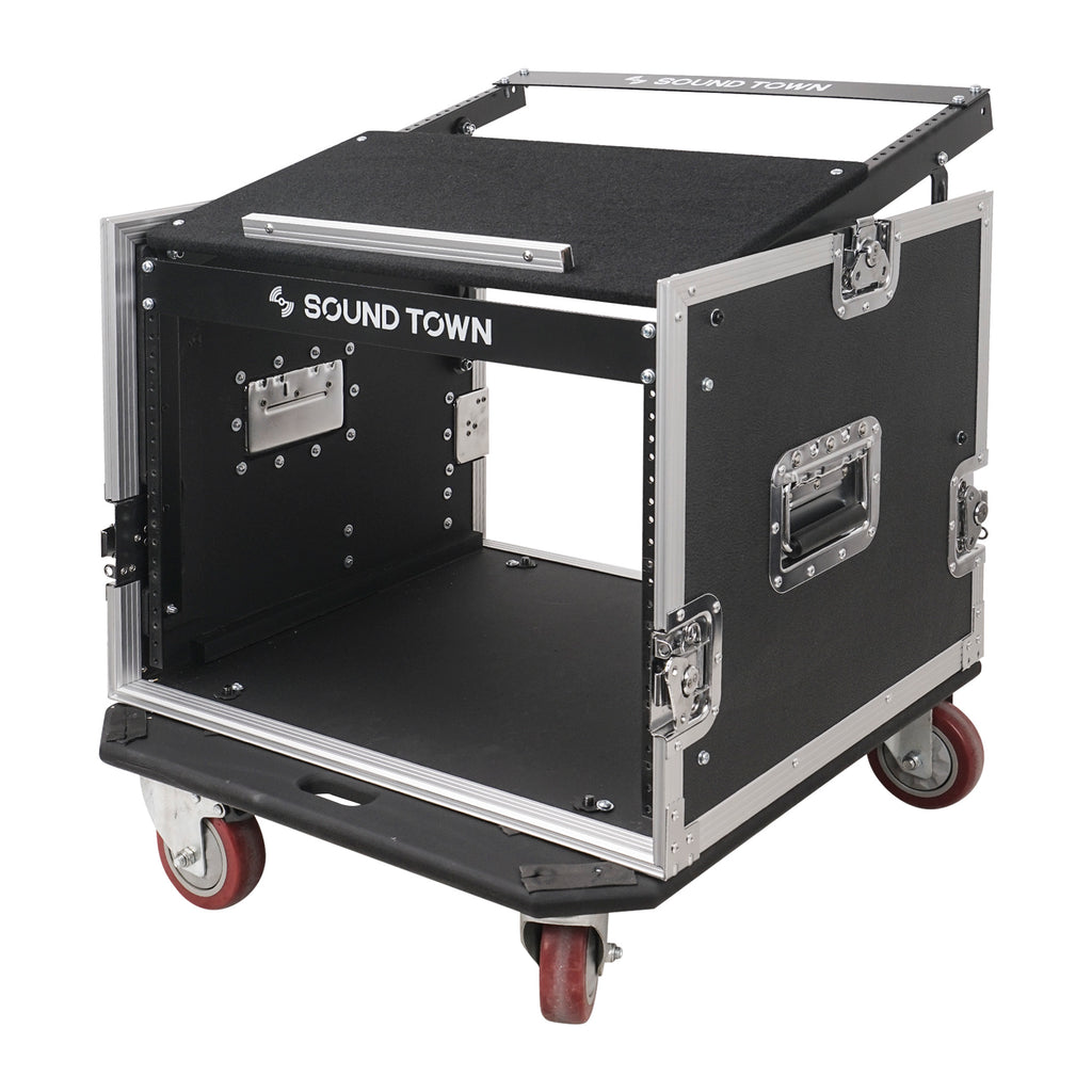 Sound Town STMR-8UW 8U (8 Space) PA/DJ Road/Rack ATA Case with 11U Slant Mixer Top and Casters - Heavy-Duty Twist Butterfly Latches