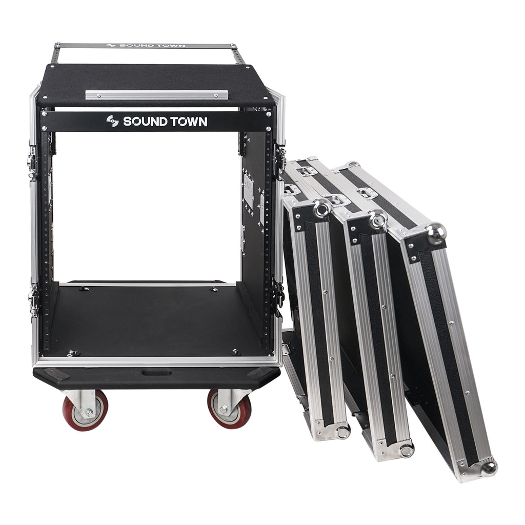 Sound Town STMR-S12UW 12U (12 Space) PA/DJ Road/Rack ATA Case with 11U Slant Mixer Top and Casters - Removable Front and Back