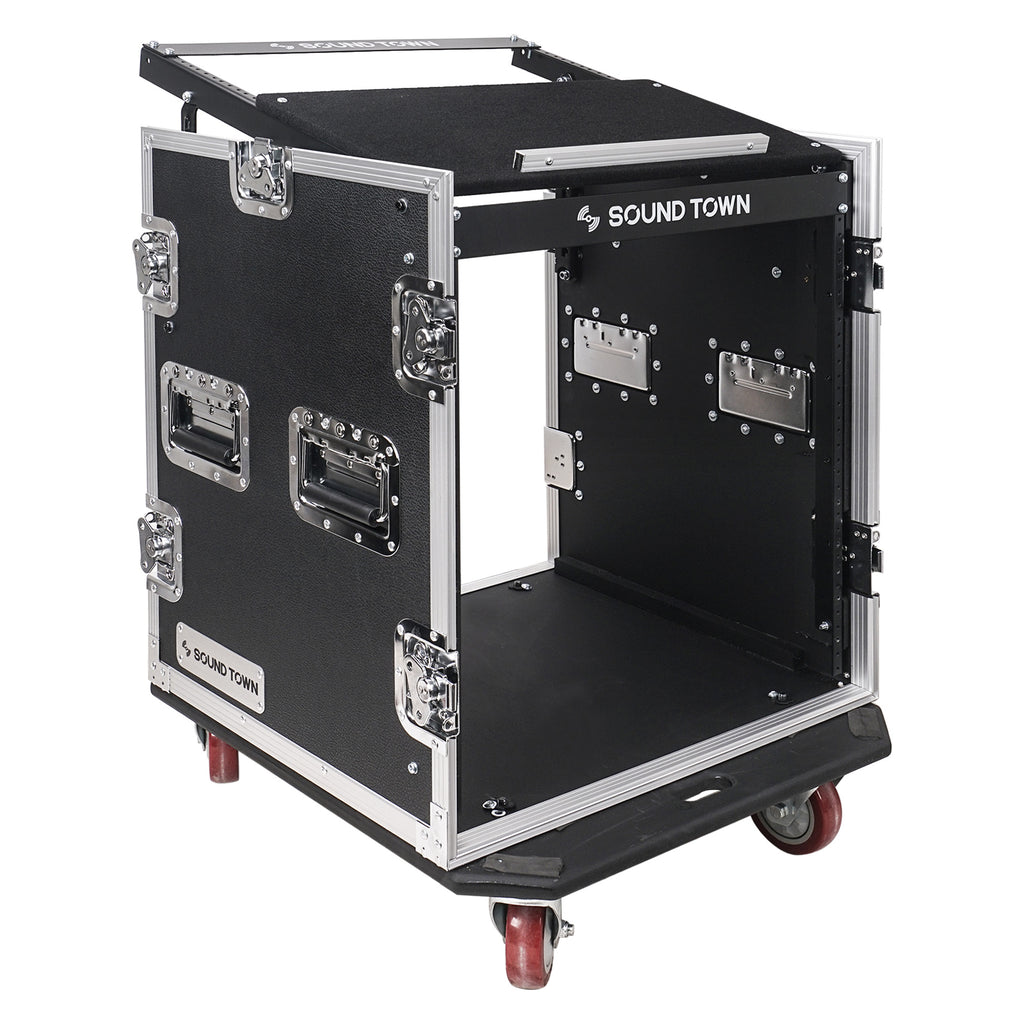 Sound Town STMR-S12UW 12U (12 Space) PA/DJ Road/Rack ATA Case with 11U Slant Mixer Top and Casters - Dual Spring Handles on each side
