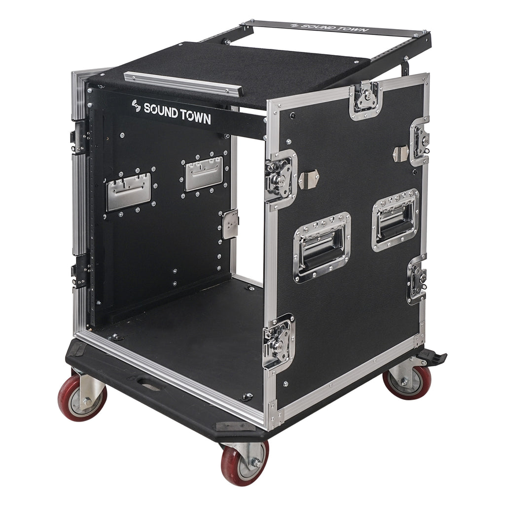 Sound Town STMR-S12UWT 12U (12 Space) PA/DJ Rack/Road ATA Case with 11U Slant Mixer Top, 20’’ Rackable Depth, DJ Work Table and Casters - Industrial-Grade Latches