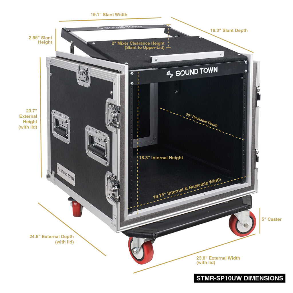 Sound Town STMR-SP10UW Shock Mount 10U (10 Space) PA/DJ Rack/Road ATA Case with 20" Rackable Depth, 11U Slant Mixer Top and Casters - Internal / External Size and Dimensions