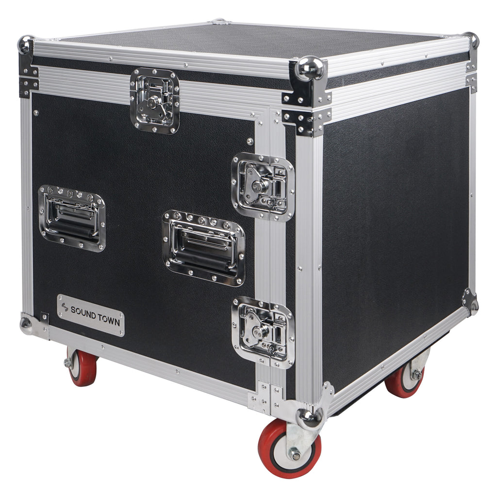 Sound Town STMR-SP10UW Shock Mount 10U (10 Space) PA/DJ Rack/Road ATA Case with 20" Rackable Depth, 11U Slant Mixer Top and Casters - Portable, Transportable