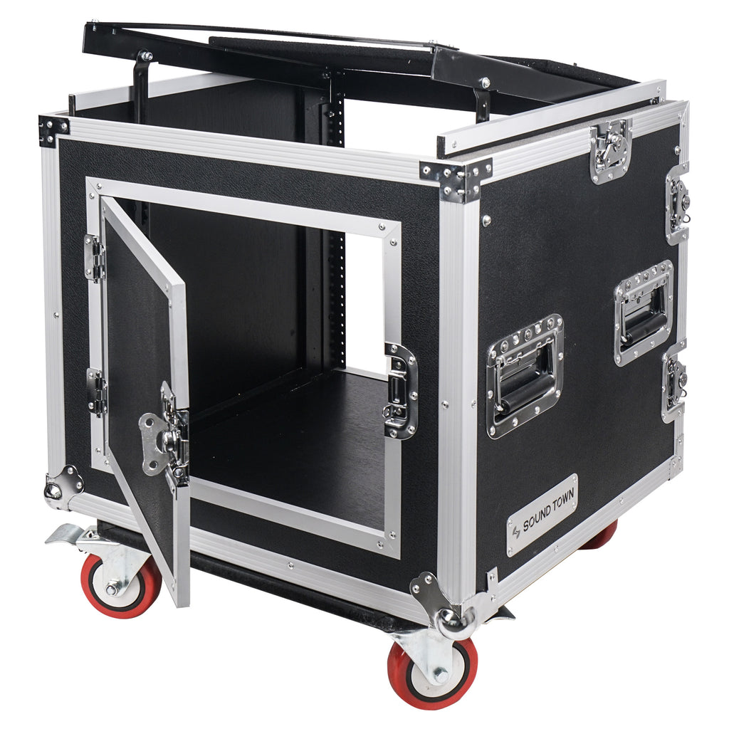 Sound Town STMR-SP10UW Shock Mount 10U (10 Space) PA/DJ Rack/Road ATA Case with 20" Rackable Depth, 11U Slant Mixer Top and Casters, Hinged Back Door for Easy Cable Access