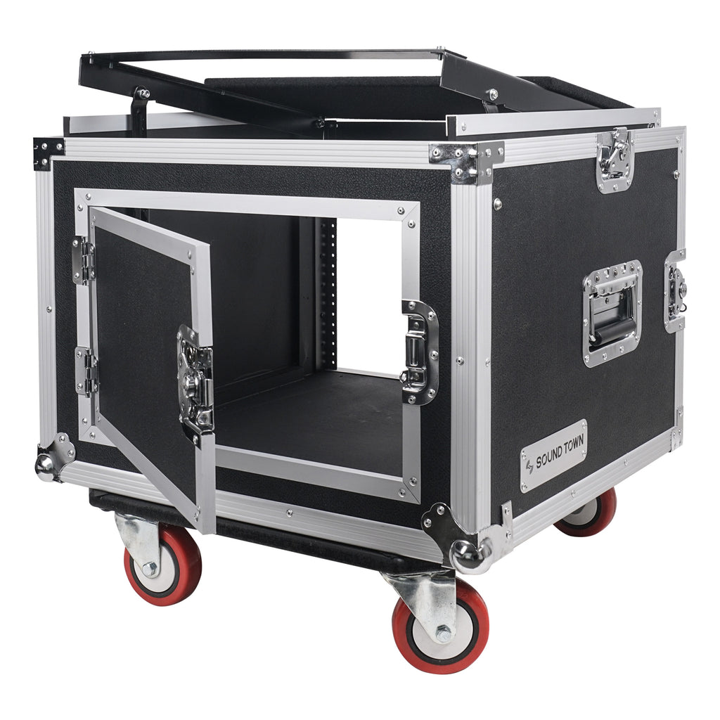 Sound Town STMR-SP8UW Shock Mount 8U (8 Space) PA/DJ Rack/Road ATA Case with 20" Rackable Depth, 11U Slant Mixer Top and Casters - Hinged Recessed Back Door for Cable Management