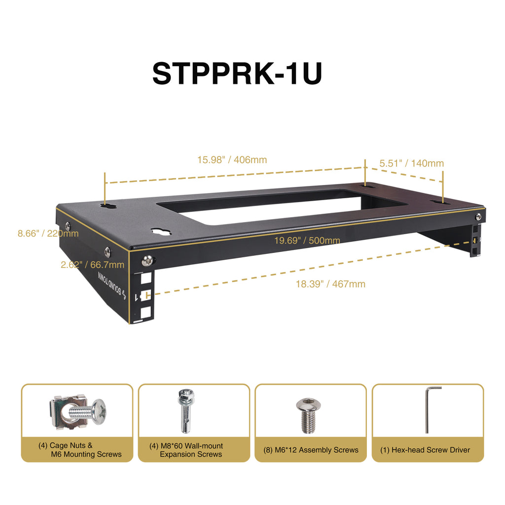 Sound Town STPPRK-1U 1U Wall-Mount/Under-Desk Mount Patch Panel Bracket Rack, for 19" PA/AV/IT/Computer Equipment, Horizontal/Vertical - Dimensions, Sizes, Parts, Included in the Box, Package Contents, Screw Sizes