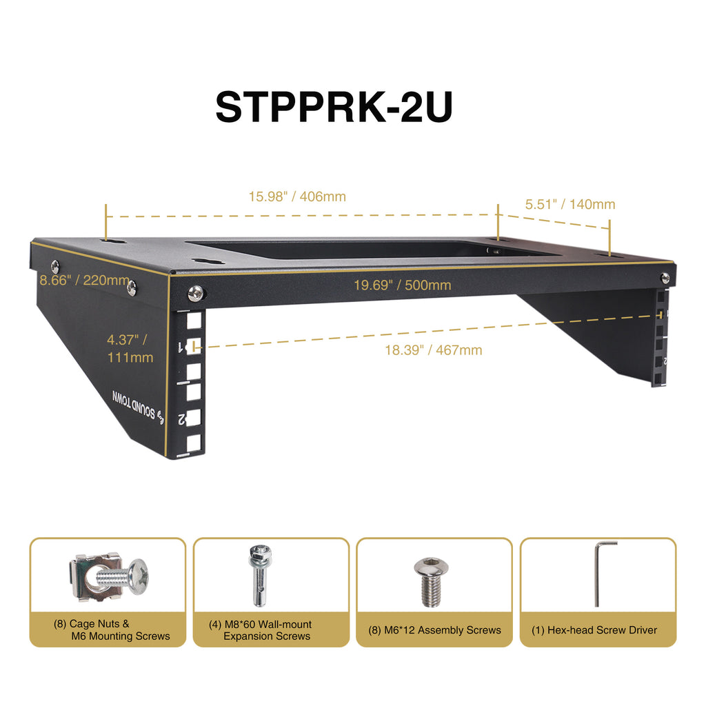 Sound Town STPPRK-2U 2U Wall/Under-Desk Mount Patch Panel Bracket, for 19" PA/AV/IT/Computer Equipment - Size and Dimensions, Parts, Included in the Box, Accessories, Package Contents, Screw Sizes