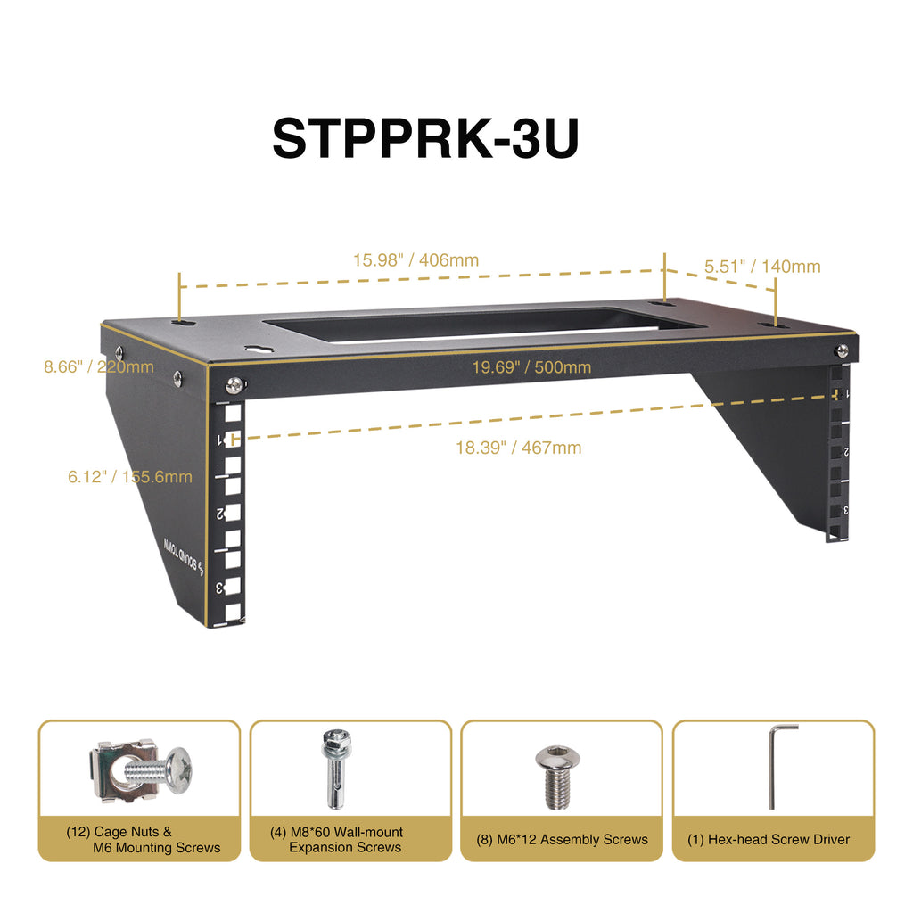 Sound Town STPPRK-3U 3U Wall/Under-Desk Mount Patch Panel Bracket, for 19" PA/AV/IT/Computer Equipment - Size & Dimensions, Accessories, Parts, Screw Sizes, Package Contents, Included in the Box