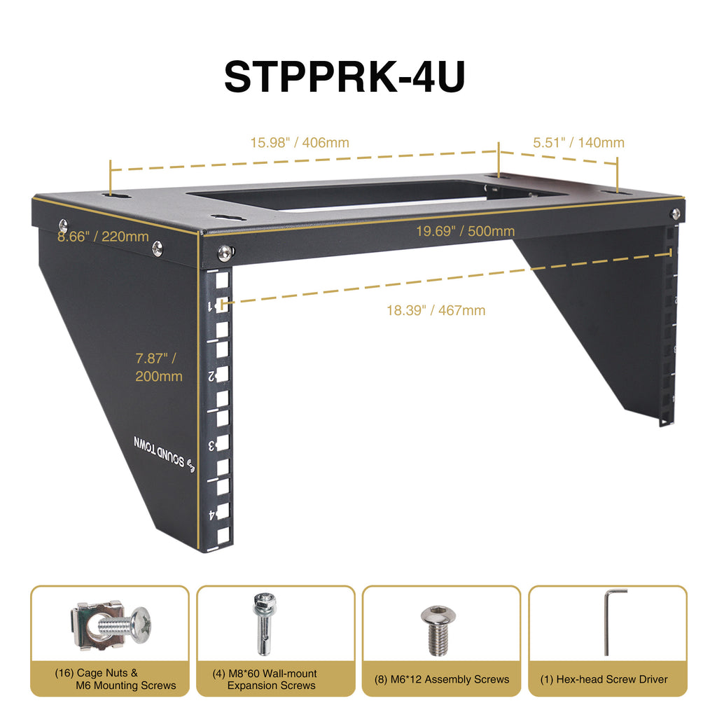 Sound Town STPPRK-4U 4U Wall/Under-Desk Mount Patch Panel Bracket, for 19" PA/AV/IT/Computer Equipment - Size, Dimensions, Accessories, Parts, Screw Sizes, Included in the Box, Package Contents