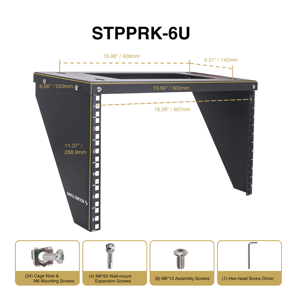 Sound Town STPPRK-6U 6U Wall/Under-Desk Mount Patch Panel Bracket, for 19" PA/AV/IT/Computer Equipment - Size, Dimensions, Included in the Box, Package Contents, Screw Sizes, Accessories, Parts