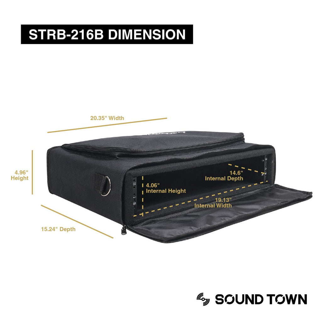 Sound Town STRB-216B-R Portable 2U Rack Bag, Soft Rack Case with 14" Rackable Depth, Plywood Frame, Shoulder Strap, Accessory Pocket, Refurbished - Size and Dimensions