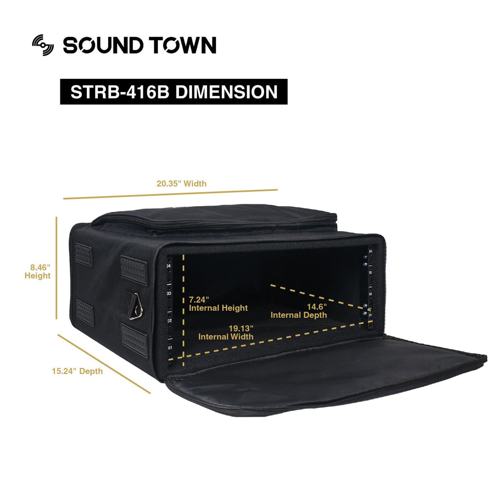 Sound Town STRB-416B-R Portable 4U Soft Rackmount Bag Case with 14" Rackable Depth, Plywood Frame, Shoulder Strap, Accessory Pocket, Refurbished - Internal & External Size and Dimensions
