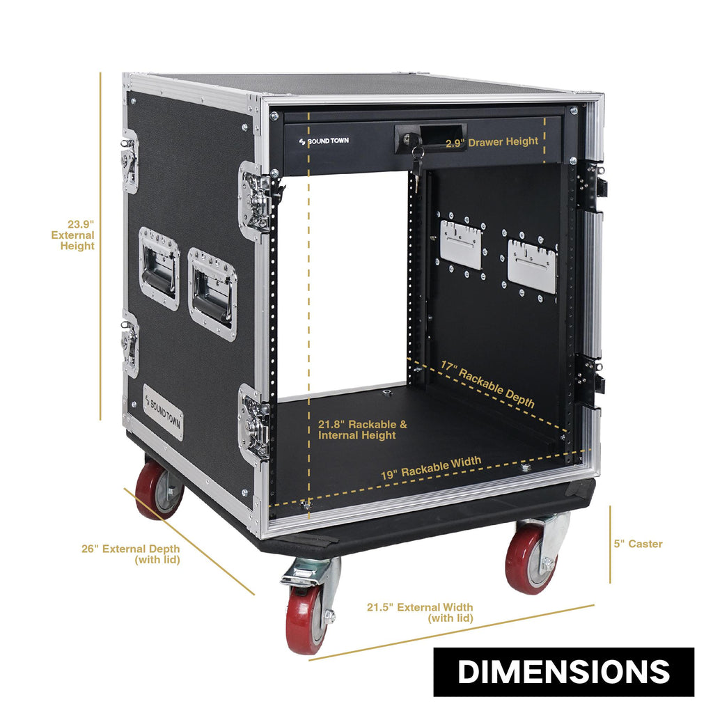 Sound Town STRC-12D2 12U (12 Space) PA DJ Pro Audio Rack/Road ATA Case with Locking Drawer, 17" Rackable Depth, Casters, Metal Ball Corners - Internal & External Size and Dimensions