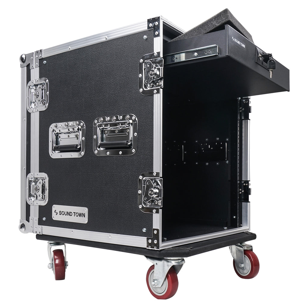 Sound Town STRC-12D2 12U (12 Space) PA DJ Pro Audio Rack/Road ATA Case with Locking Drawer, 17" Rackable Depth, Casters, Metal Ball Corners - Customizable Pick & Pluck Protection Foam for Microphones and Fragile Equipment Storage