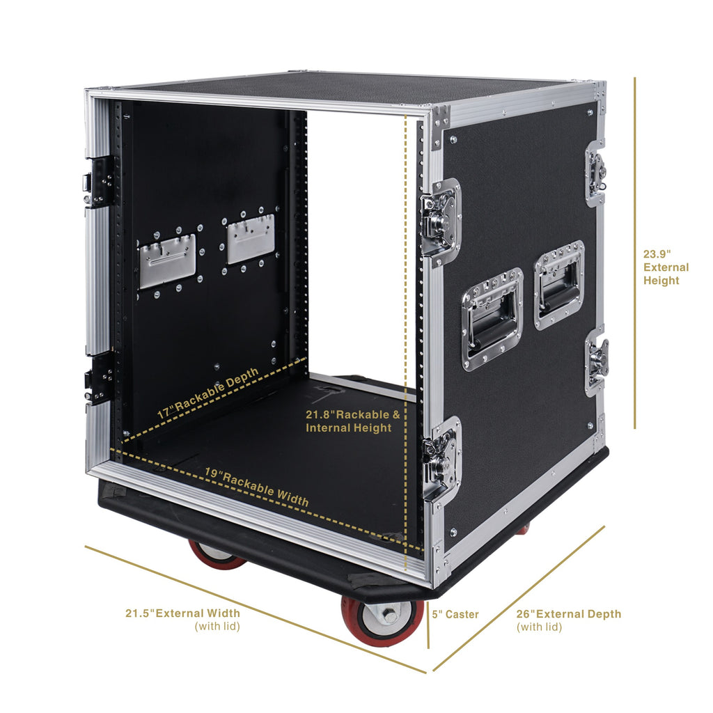 Sound Town STRC-12PSA28 12U (12 Space) PA/DJ Rack/Road Case with 17” Depth, Casters, Plywood - Internal and External Dimensions