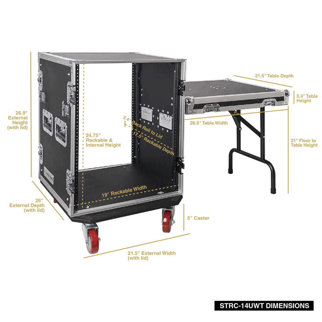 Sound Town STRC-14UWT 14U Space PA/DJ Rack/Road/Flight Case w/ 17" Depth, DJ Work Table, Casters, Plywood, Metal Ball Corners - Internal and External Size and Dimensions