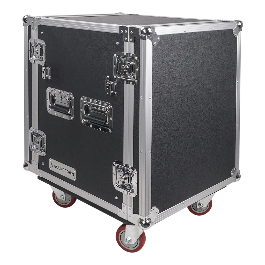 Sound Town STRC-14UWT2 14U Space PA/DJ Rack/Road Case with 17" Depth, Two DJ Work Tables, Casters, Plywood, Metal Ball Corners - Portable, Transportable