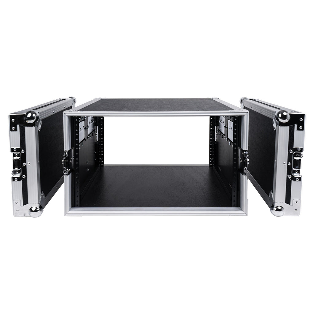 Sound Town STRC-6U 6U (6 Space) PA DJ Rack Road Flight Case with 17” Depth, Plywood, Metal Ball Corners - inner compartment with removable cover lids