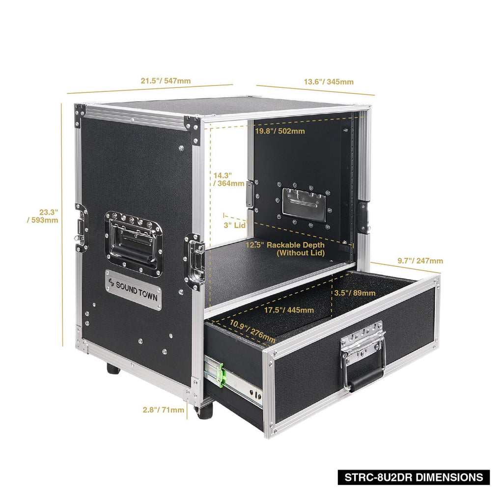 Sound Town STRC-8U2DR 8U Rack Case with 2U Rack Drawer, Casters, for 19" Amps, Mixers, Microphone Receivers - Size & Dimensions