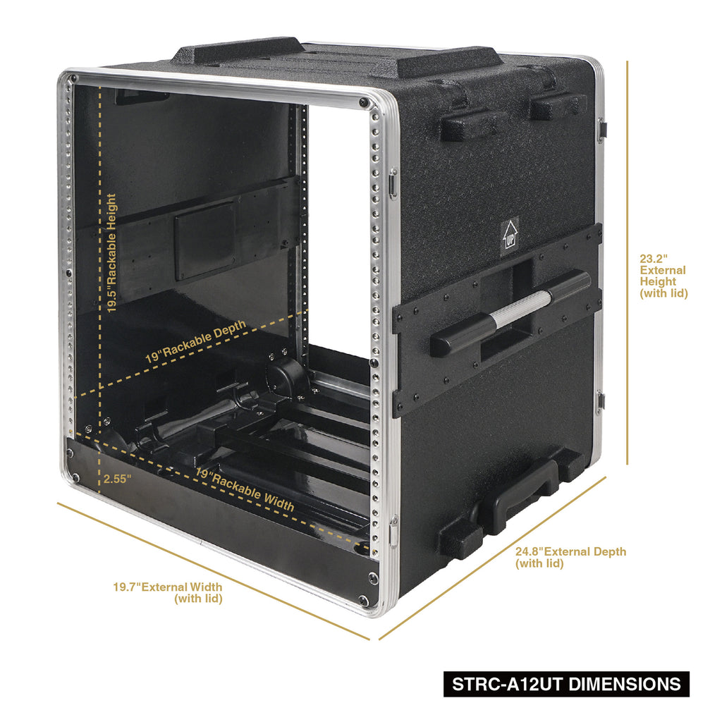 Sound Town STRC-A12UT Lightweight and Compact 12U PA DJ Rack/Road Case with 11U Rack Space, ABS Construction, 19" Depth, Retractable Handle, Wheels and Heavy-Duty Latches - internal and external Dimensions