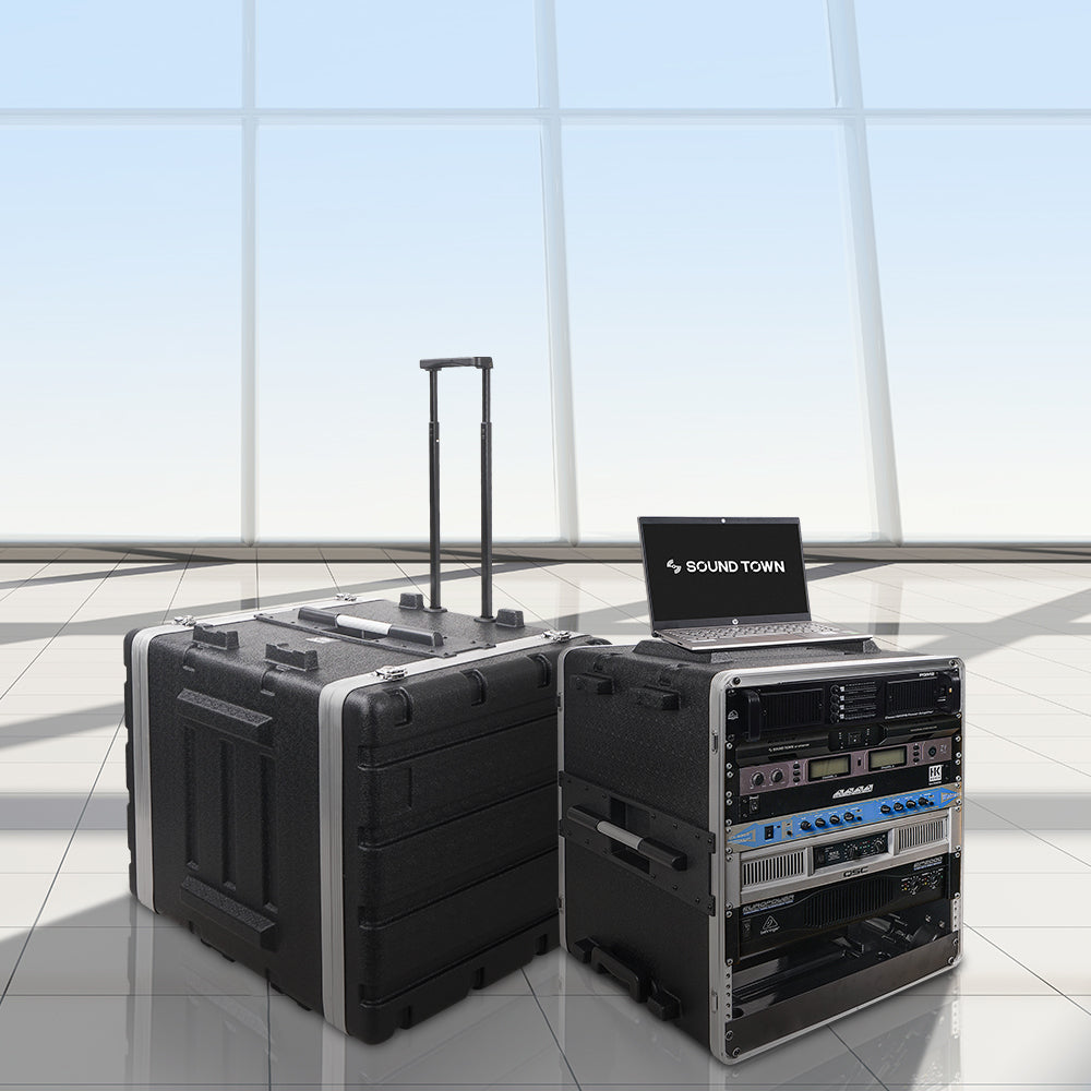 Sound Town STRC-A12UT Lightweight and Compact 12U PA DJ Rack/Road Case with 11U Rack Space, ABS Construction, 19" Depth, Retractable Handle, Wheels and Heavy-Duty Latches - Airplane / Airport Ready