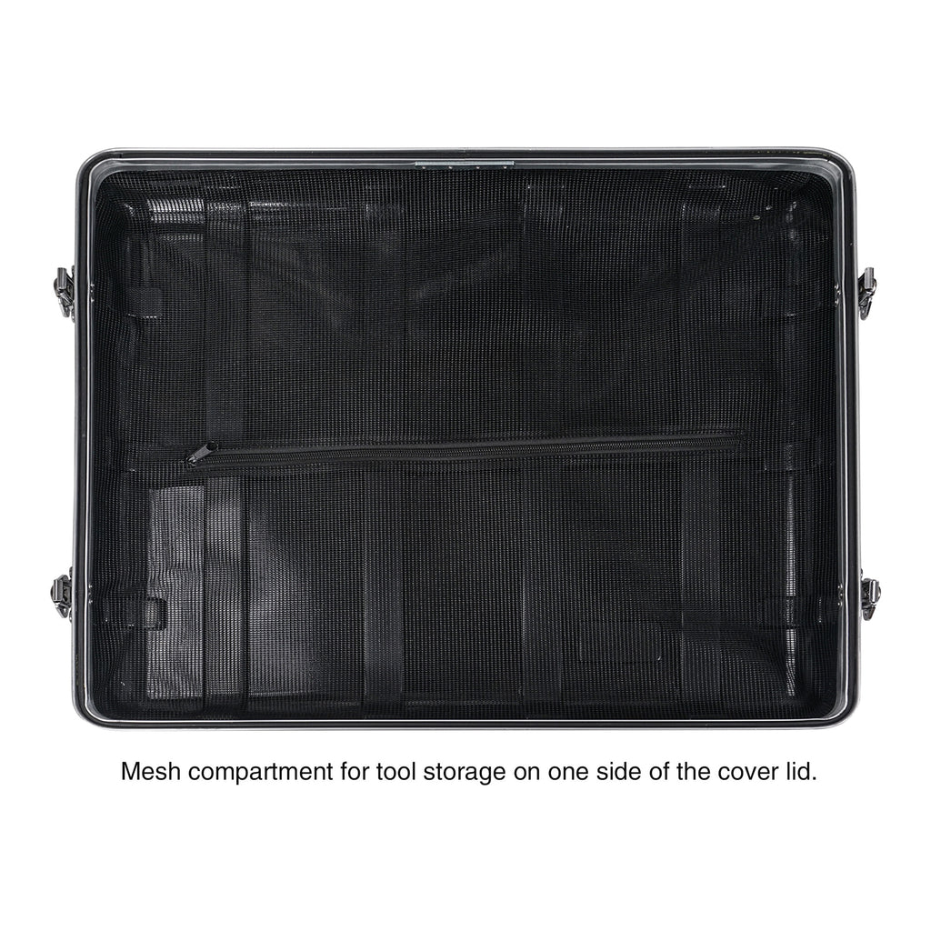 Sound Town STRC-A8UT Lightweight and Compact 8U (8 Space) PA DJ ABS Rack/Road Case, 19” Depth, Retractable Handle, Wheels and Heavy-Duty Latches - Mesh compartment for tool storage on one side of the cover lid.