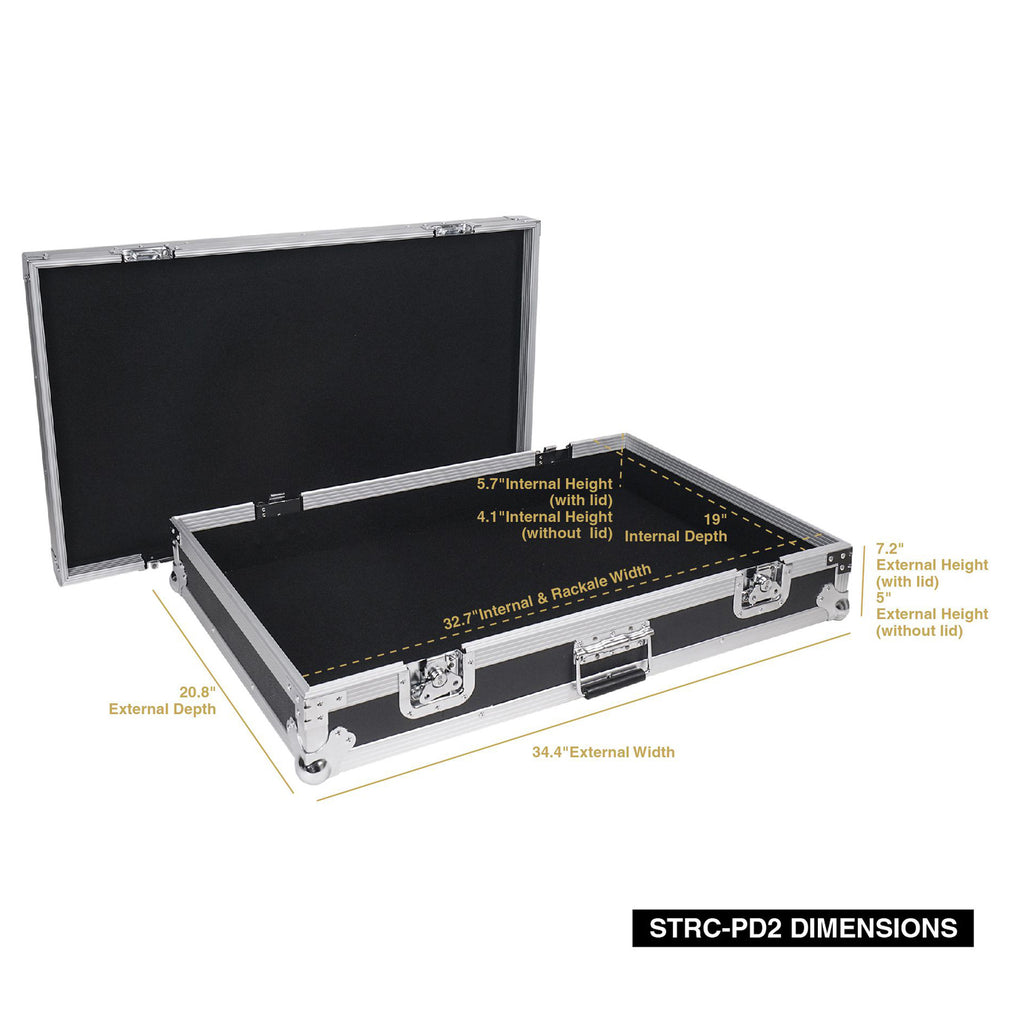Sound Town STRC-PD2 Guitar Pedalboard ATA Plywood Road Case, 32.7” x 19”, Internal / External Size and Dimensions